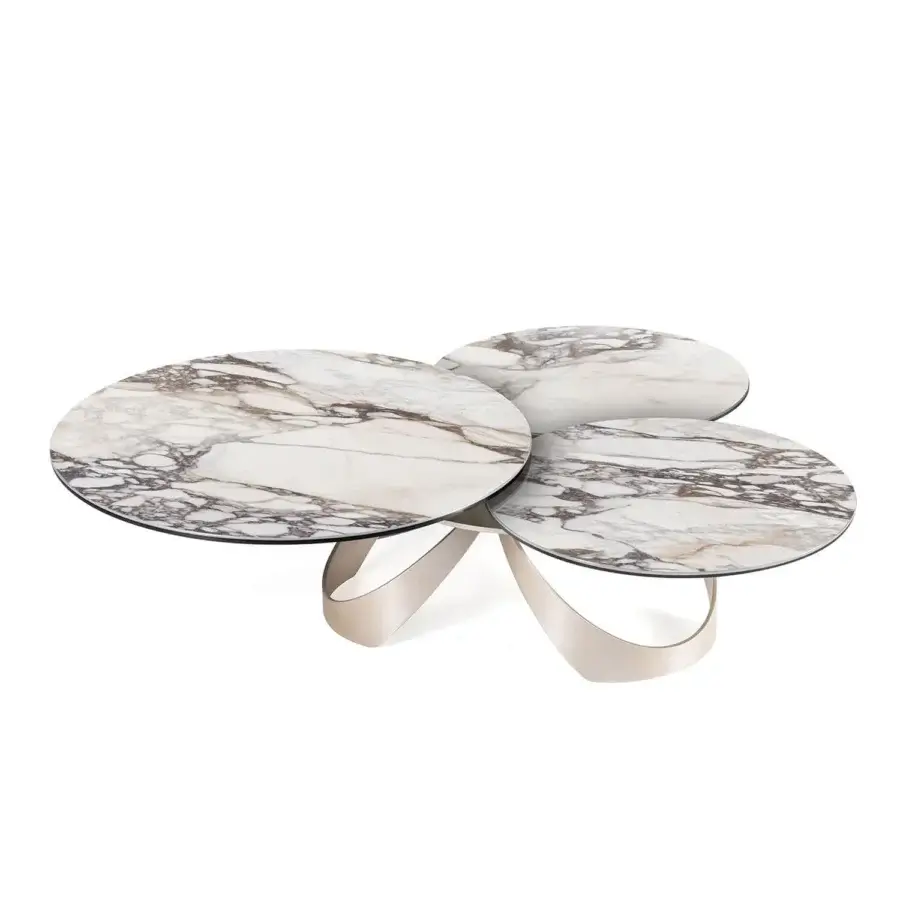 Superior Naos Avior coffee table crafted with polished ceramic tops exhibiting white and brown marbleized patterns and a painted steel base