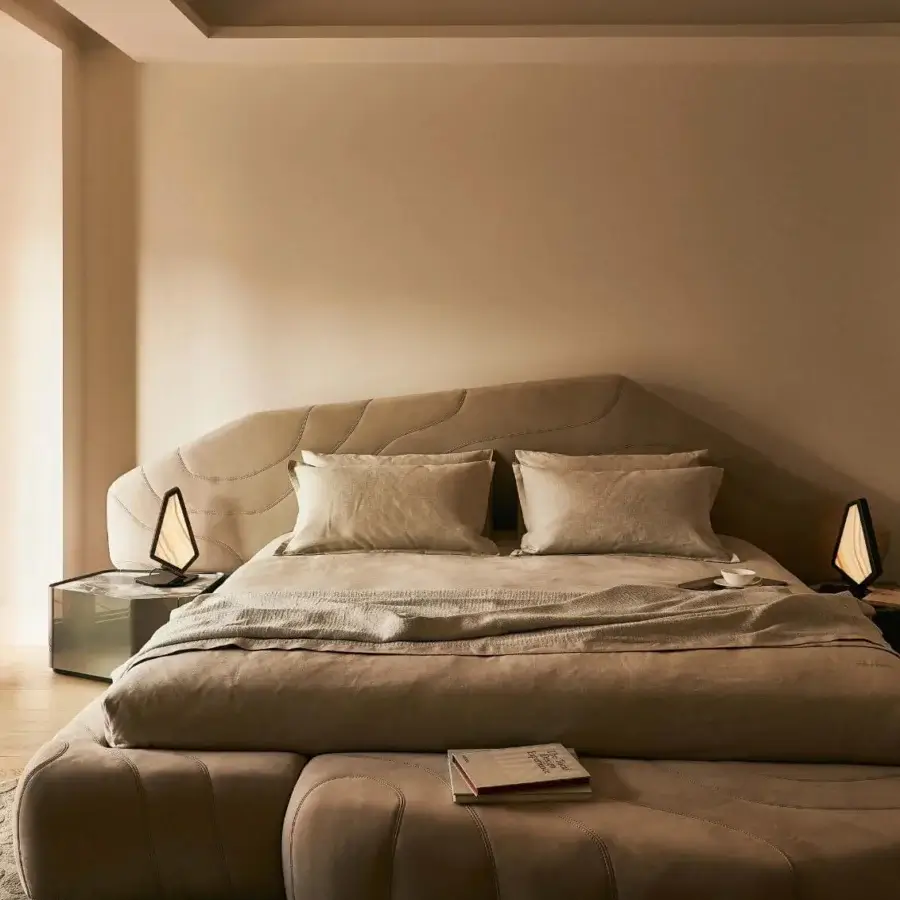 Lavish Visionnaire Neolito Bold bed fully upholstered in warm taupe leather with exquisite decorative quilting