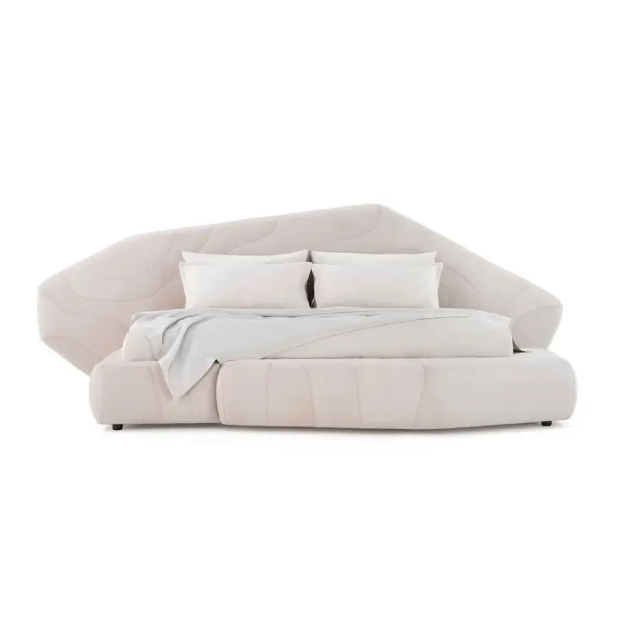 Distinctive Visionnaire Neolito Bold bed upholstered in pale beige leather with matte finish and decorative quilting