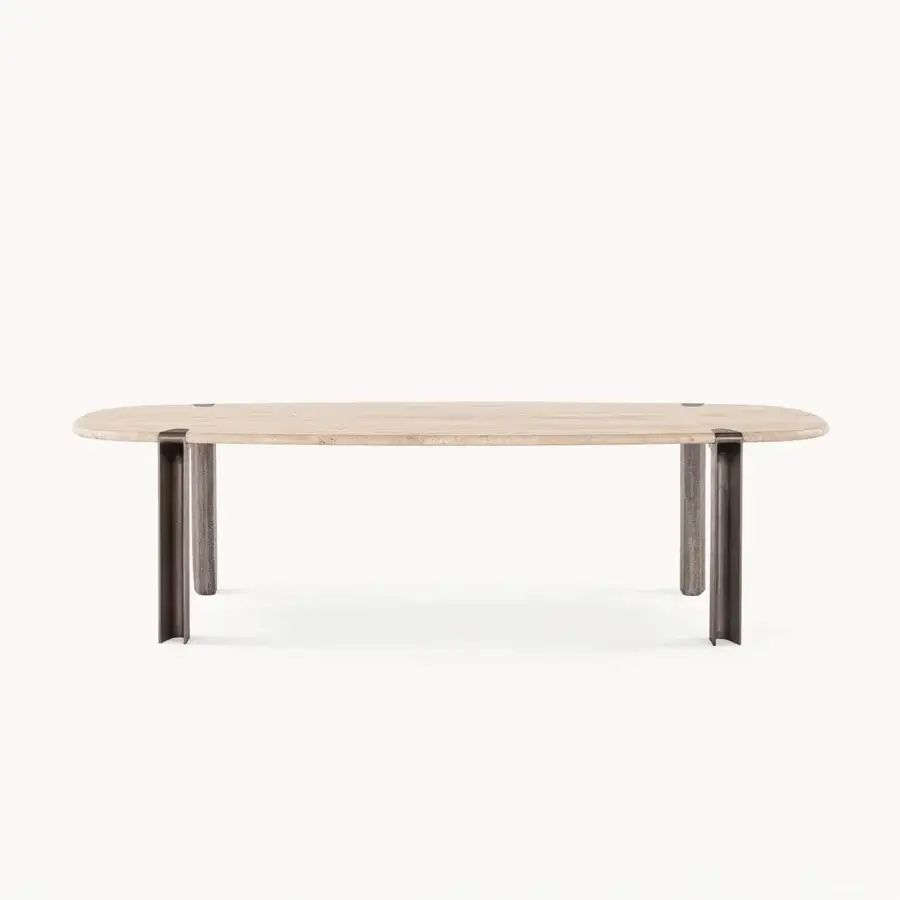 Distinguished Visionnaire Mystic table with Dover White marble tabletop and hand-textured dark gray cast aluminum legs in matte finish