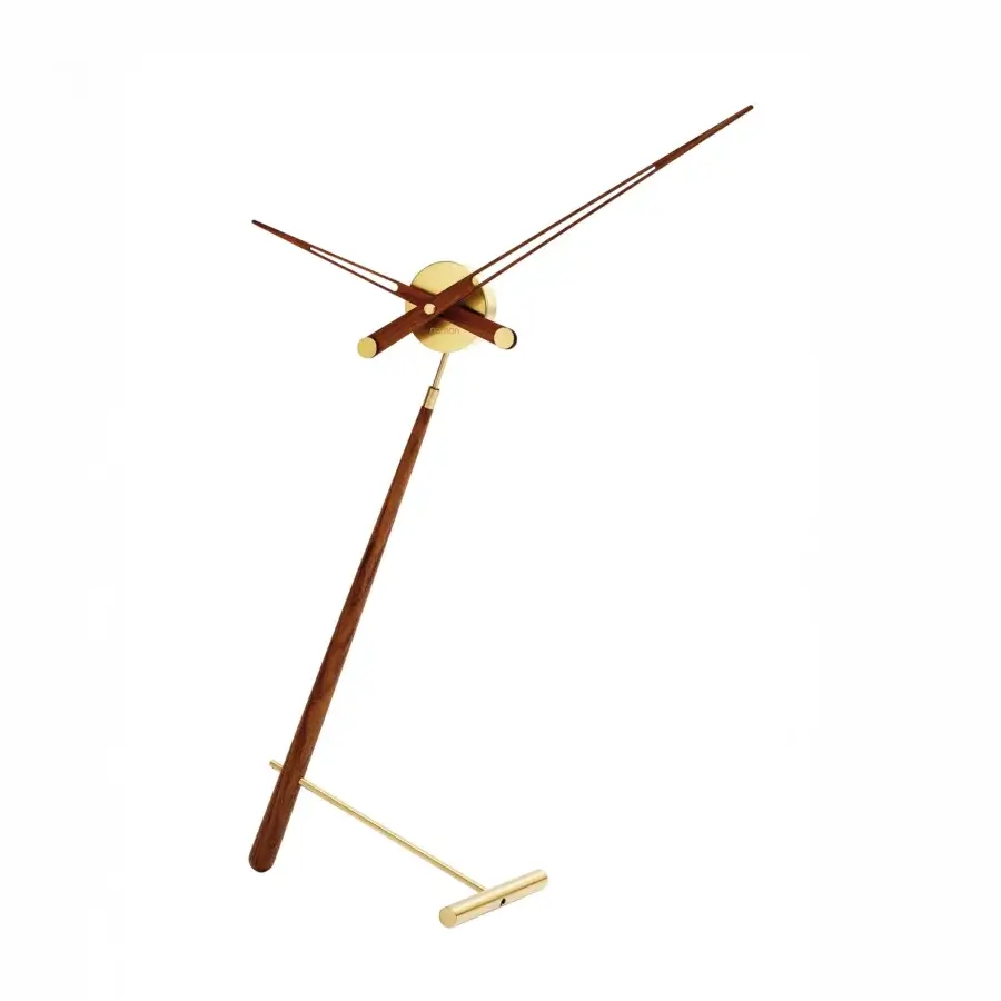Avant-garde Nomon Puntero table clock with solid natural wood body and polished golden metal base