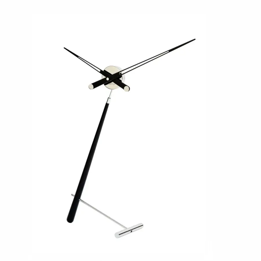 Superior Nomon Puntero table clock with polished metallic face and matte black metal base crafted in solid natural wood