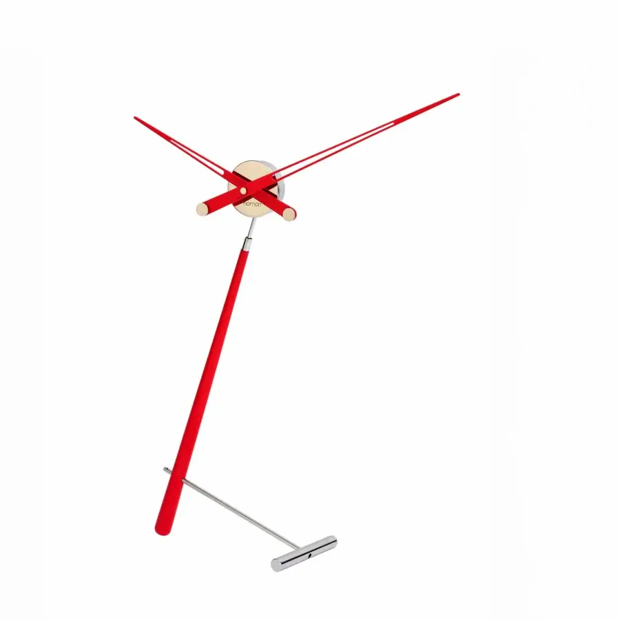 Avant-garde Nomon Puntero table clock with red metal and gold-toned metallic faceplate crafted in sleek black hands