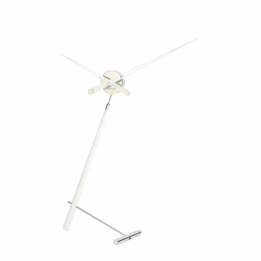 Distinguished Nomon Puntero table clock with a precision-metal base and solid natural wood body in a matte off-white finish