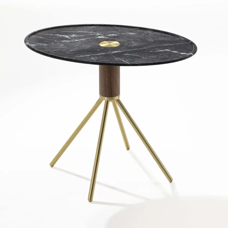 Elegant Porada Jelly coffee side table with grey Carnic marble and brushed brass accents in a natural canaletto walnut finish