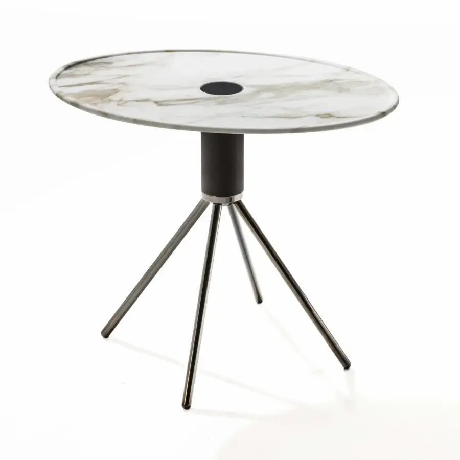 Superior Porada Jelly coffee side table with white Carrara marble and black chromed metal with canaletto walnut cylinder