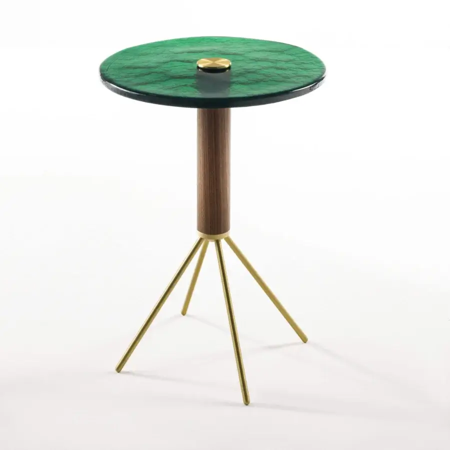 Refined Porada Jelly round coffee side table with green cast glass and natural canaletto walnut cylinder built with a brushed brass base