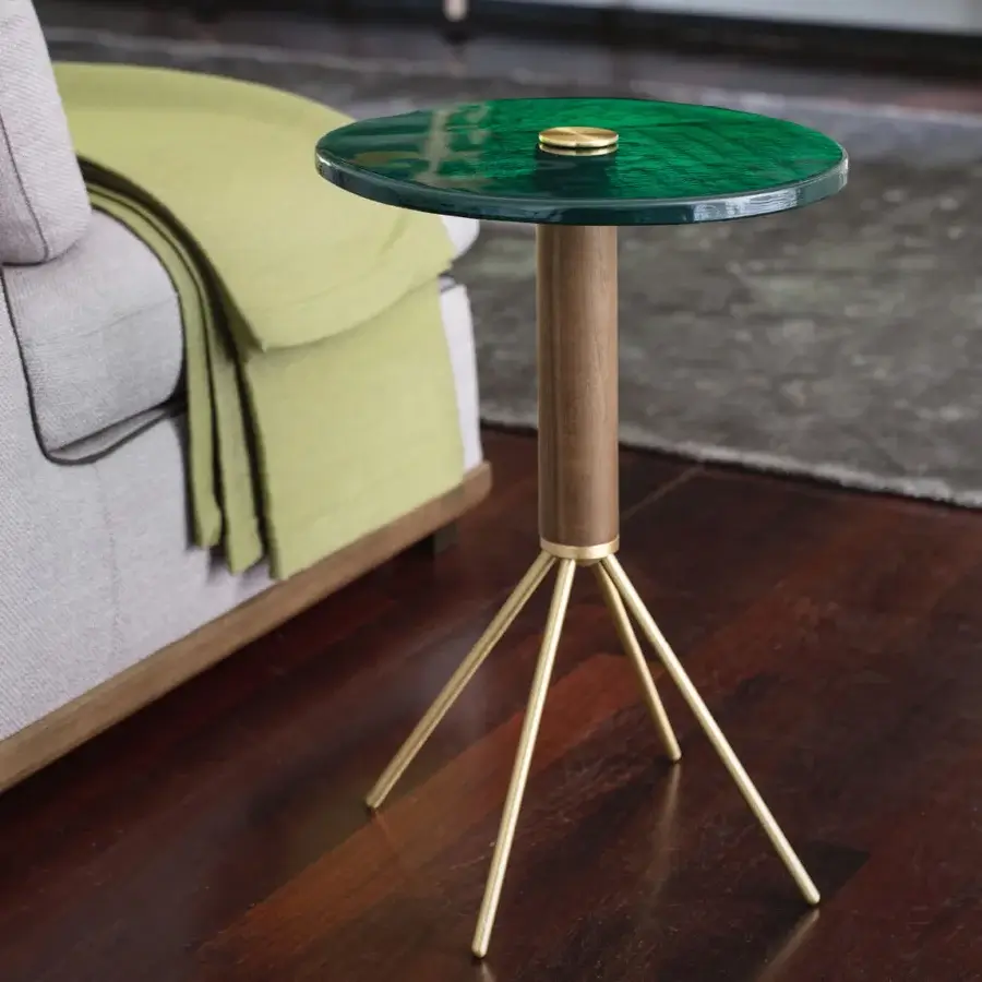 Superior Porada Jelly round coffee side table with deep green cast glass and natural canaletto walnut supported by brushed brass