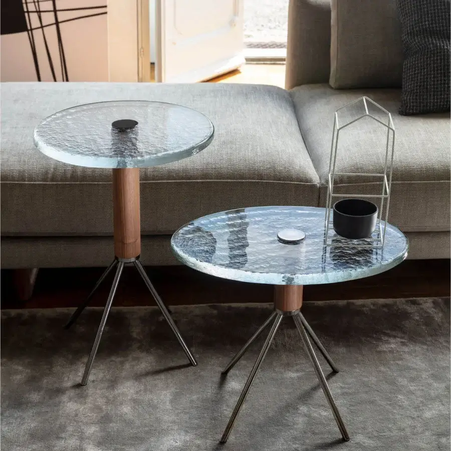 Exceptional Porada Jelly coffee side table with clear cast glass top and canaletto walnut cylinder base with natural finish
