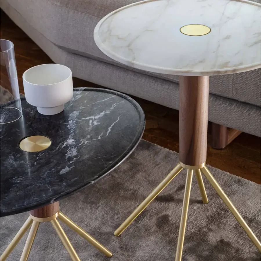 Distinguished Porada Jelly coffee side table with white Carrara marble top and natural canaletto walnut cylinder supported by a brushed brass base