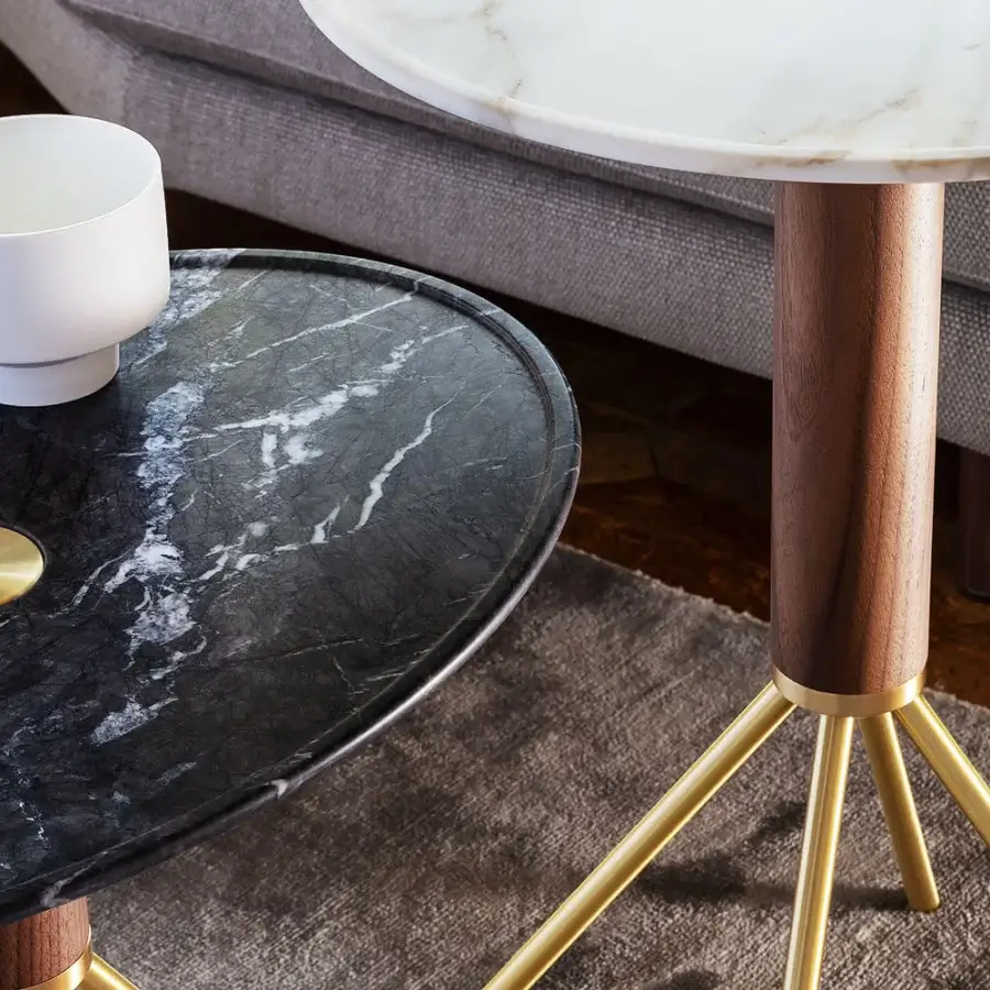 Distinguished Porada Jelly coffee side table with grey Carnic marble top and canaletto walnut cylinder base with black chromed metal tripod legs
