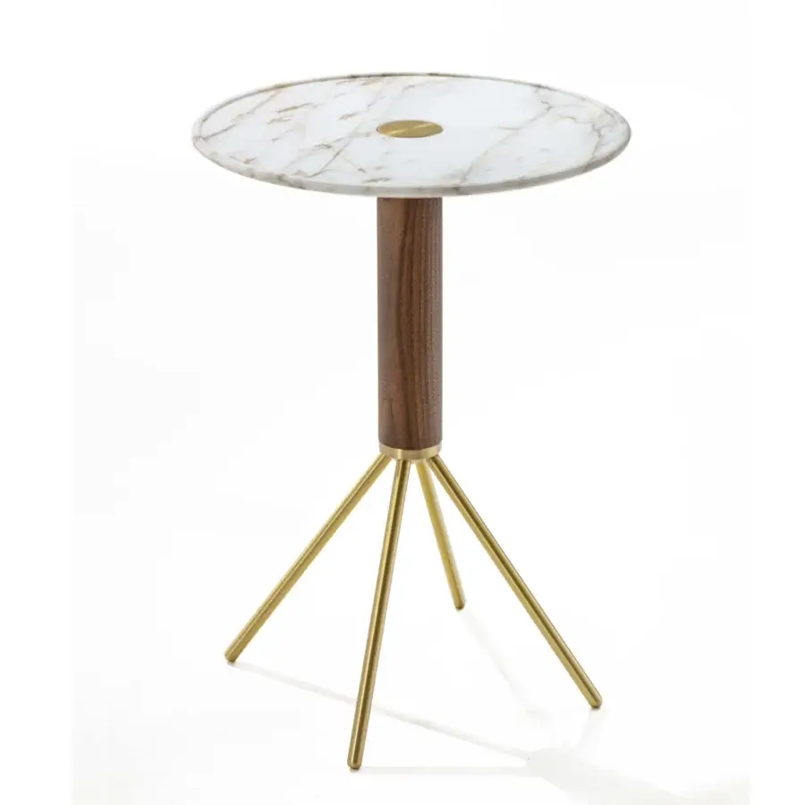 Distinguished Porada Jelly coffee side table with white Carrara marble top and canaletto walnut cylinder built with a brushed brass base
