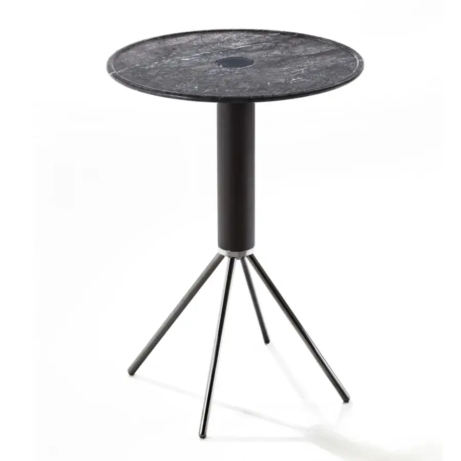 Superior Porada Jelly coffee side table with grey Carnic marble top and natural canaletto walnut cylinder built with black chromed metal legs