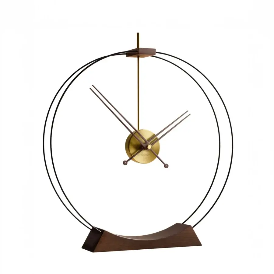 Elegant Nomon Aire table clock crafted in walnut wood with brass details and smooth dark brown finish