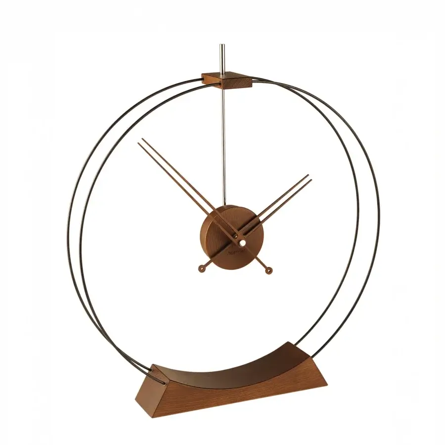 Exceptional Nomon Aire table clock in warm walnut wood with dark gray metal details and satin finish