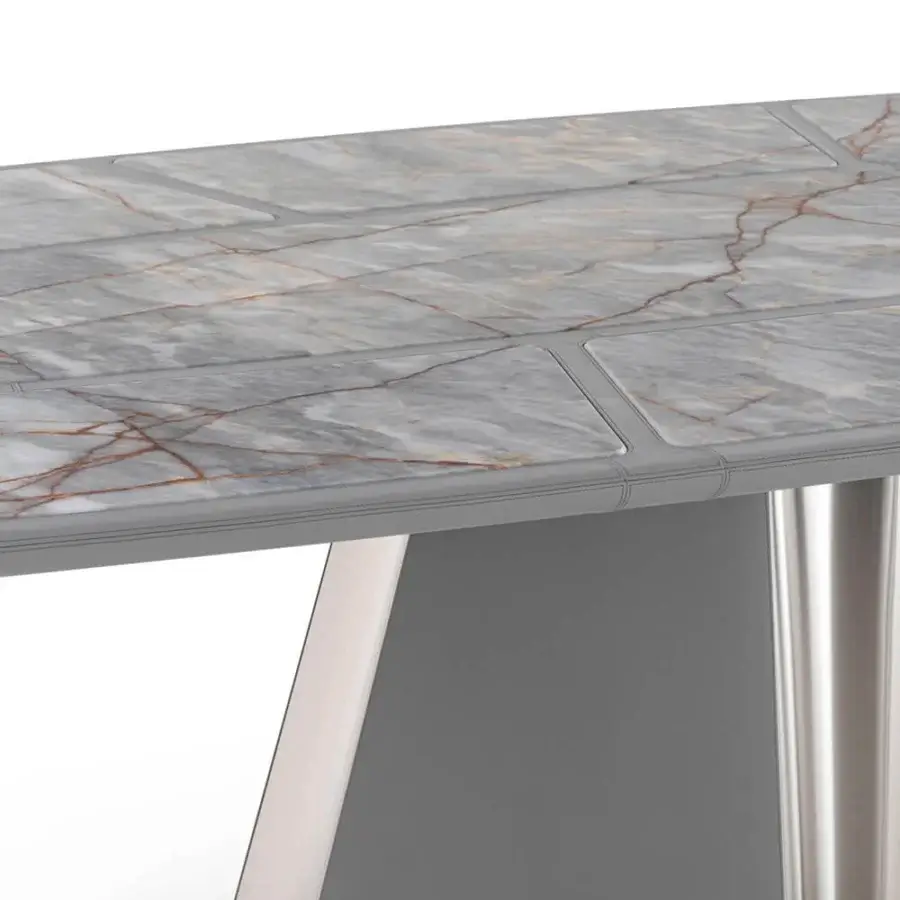 Captivating Visionnaire Vortex table with reddish-brown veined grey marble and satin-finished steel base