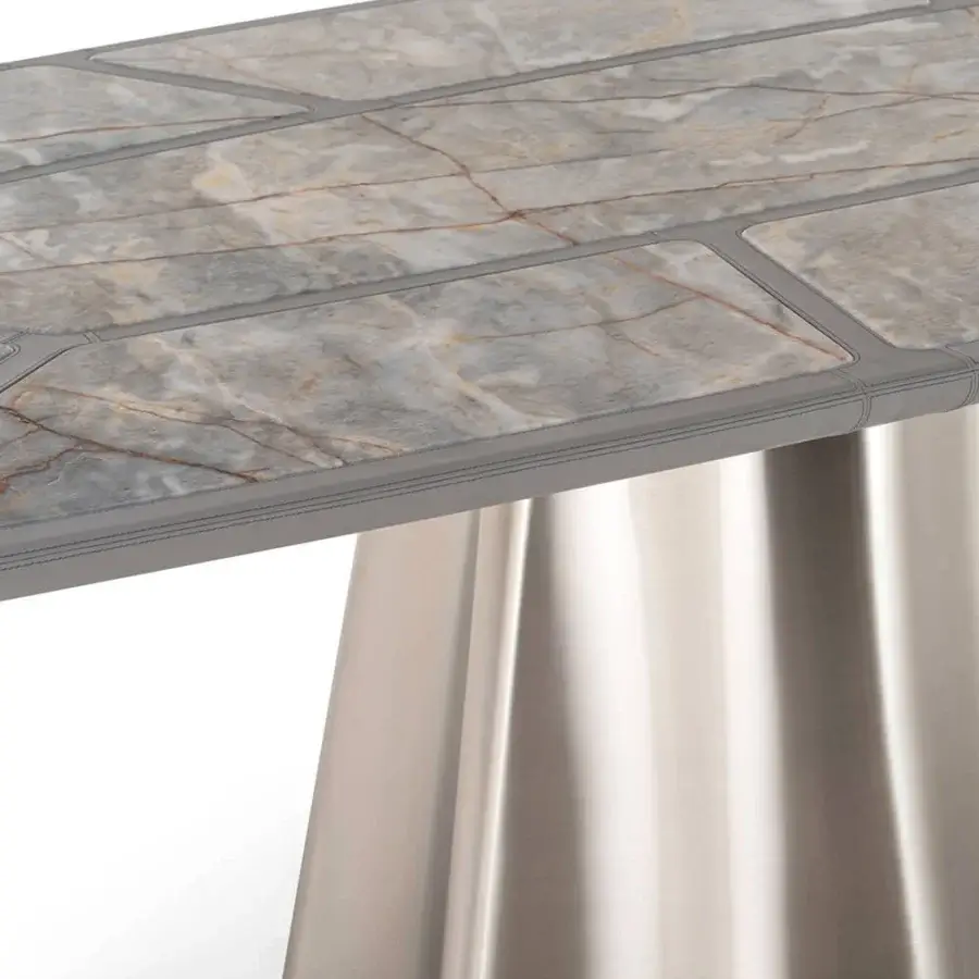 Exceptional Visionnaire Vortex table with muted gray marble and a satin-finished silver-toned stainless steel conical base