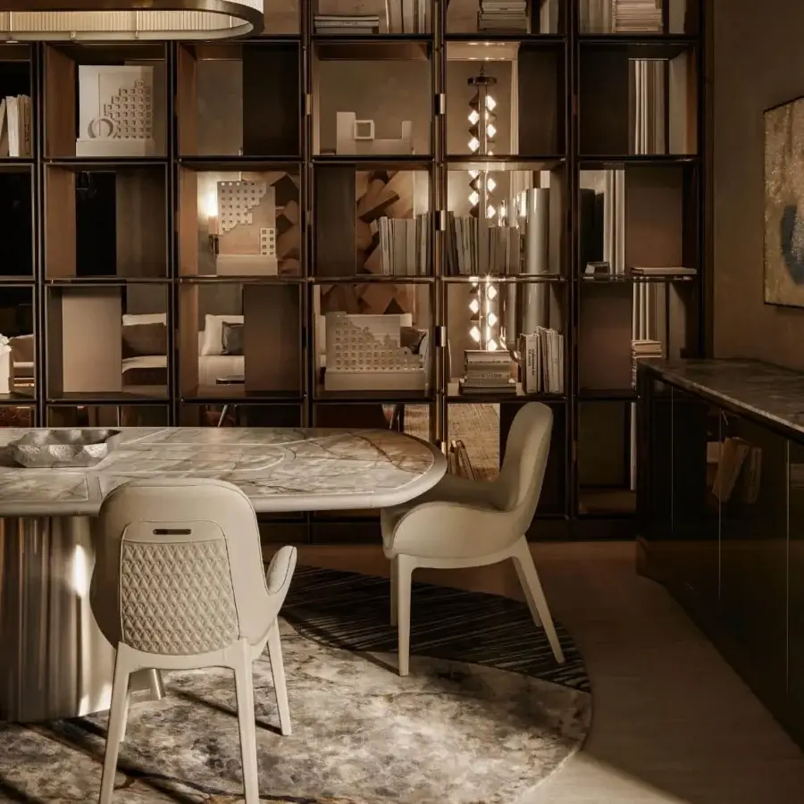Superior Visionnaire Vortex table with gray and white veined marble and a satin-finished steel base