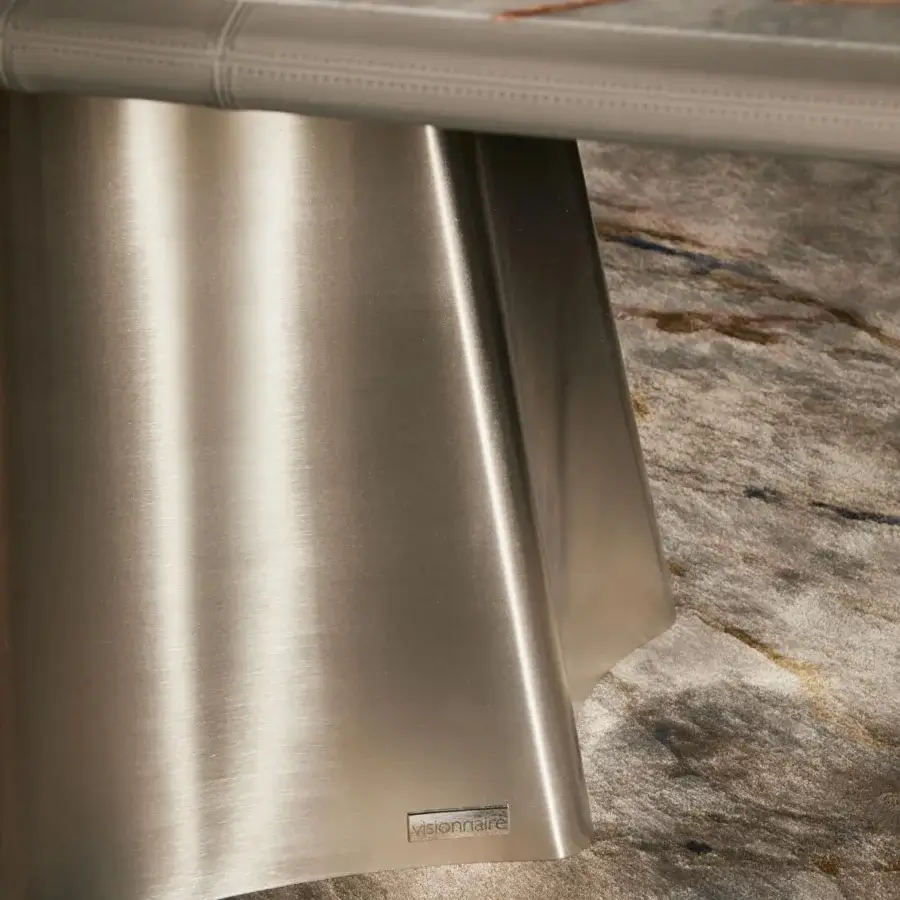 Exceptional Visionnaire Vortex table with punctuated marble and satin-finished stainless steel sculpted base