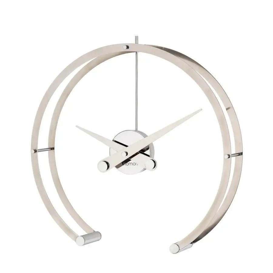 Distinguished Nomon Omega table clock with connected steel rings and satin light-toned alloy finish