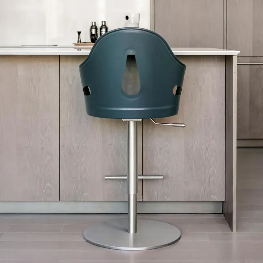 Superior Giorgetti Dora stool in muted teal saddle leather with a sleek matte finish and stainless steel swivel base