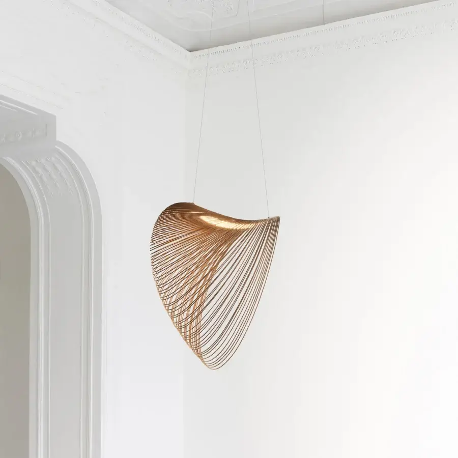 Superior Luceplan Illan suspension lamp in warm coppery ultra-light plywood with a satin finish