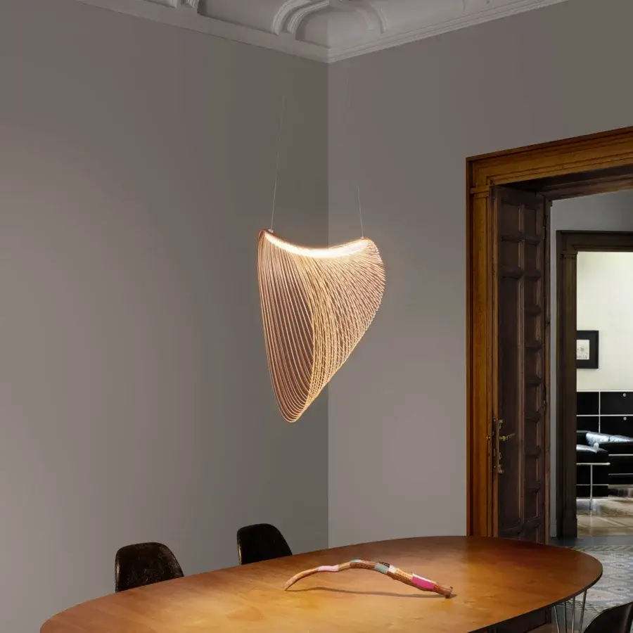 Distinguished Luceplan Illan suspension lamp crafted in warm medium-brown ultra-light plywood with a satin finish