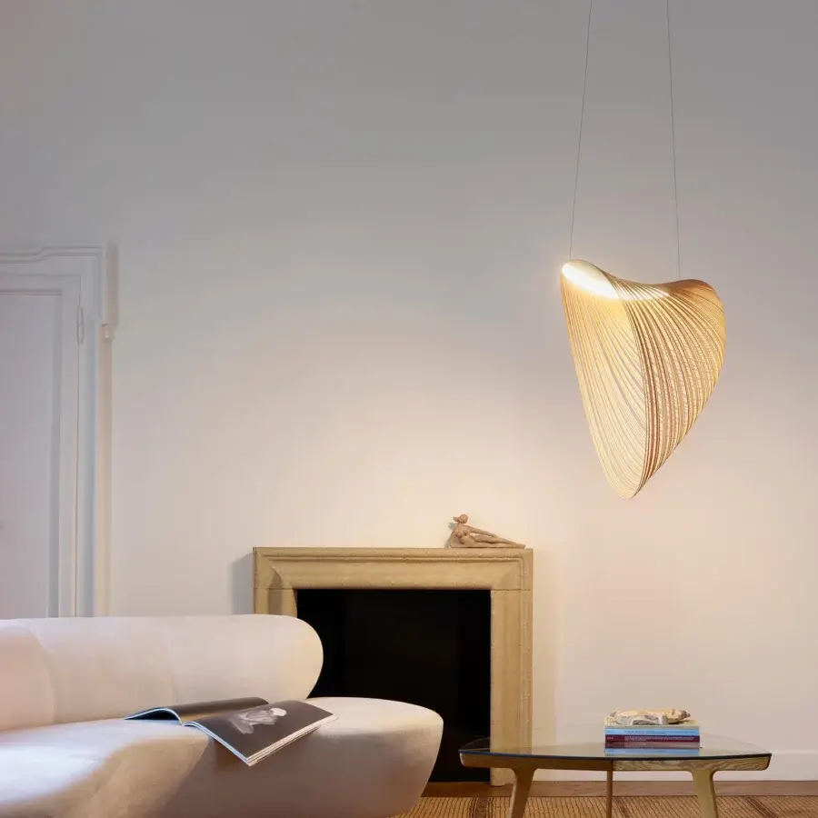 Exceptional Luceplan Illan suspension lamp in warm light-brown ultra-light plywood with a satin finish