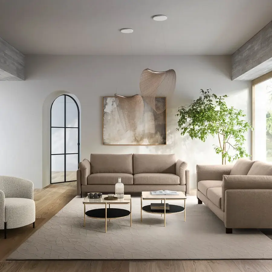 Innovative Luceplan Illan suspension lamp in warm neutral beige woven ultra-light plywood with a matte finish