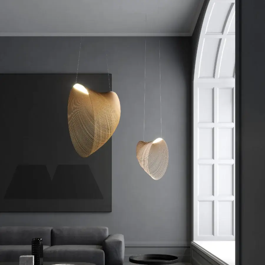 Elegant Luceplan Illan suspension lamp with gently unfolding shell-like form in laser-cut plywood and satin finish