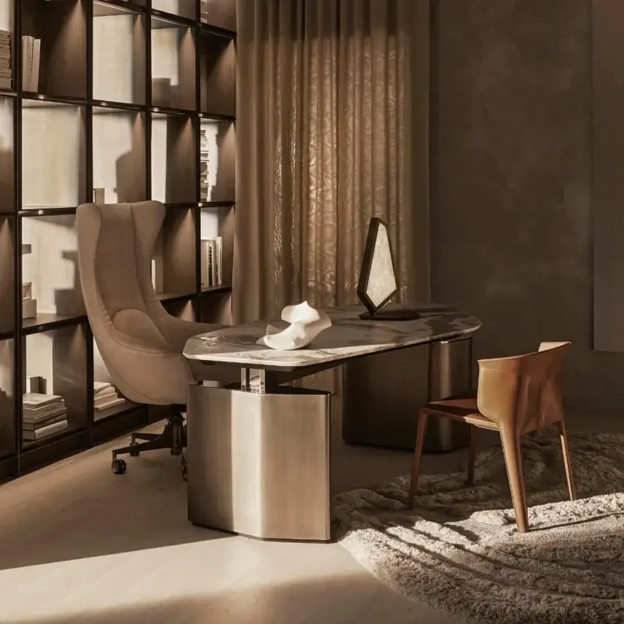 Elegant Visionnaire Ephir desk with double-level marble top and premium leather, built with satin-finished steel in bronze-like tones