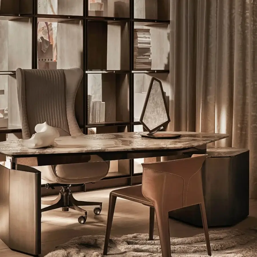 Distinguished Visionnaire Ephir desk with a double-level marble and premium leather top, built with satin-finished steel and reddish-brown wood components