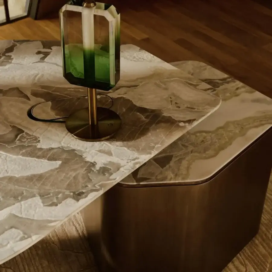Exceptional Visionnaire Ephir desk with a double-level marble top, premium leather writing surface, and satin-finished steel structure