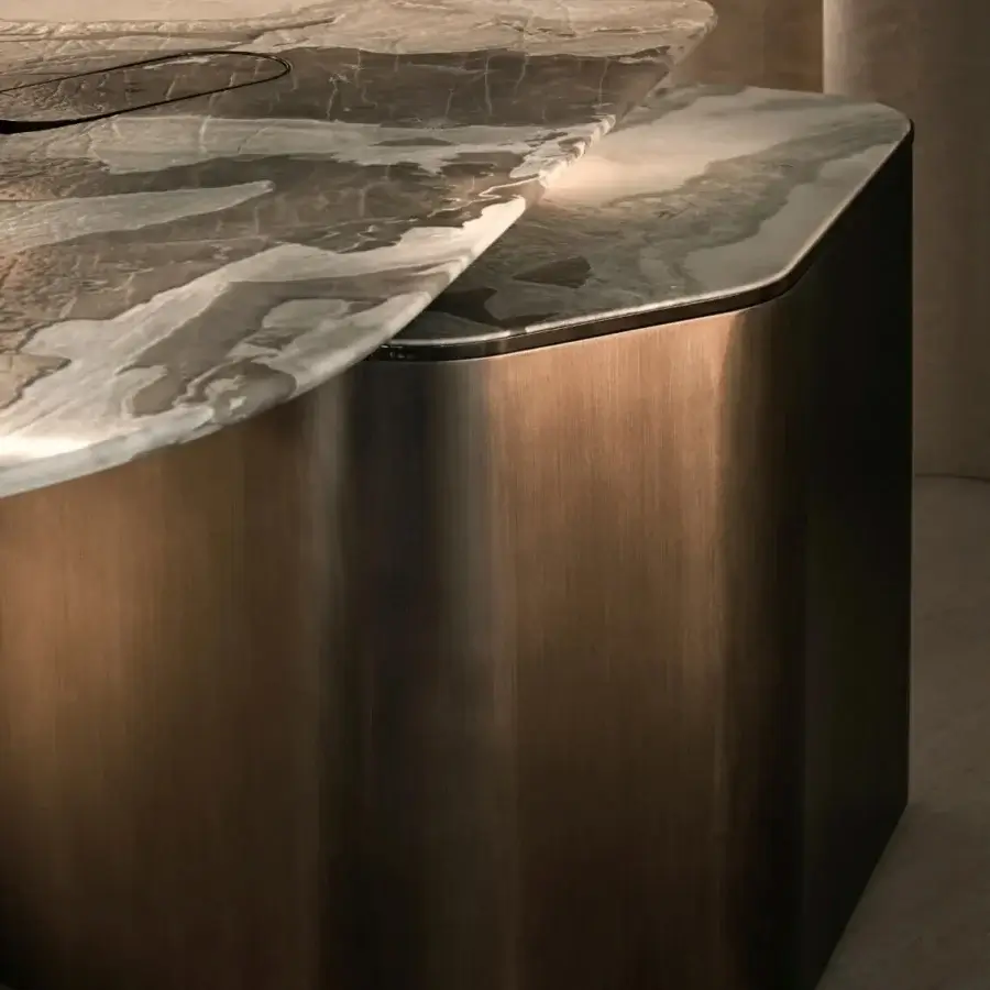 Superior Visionnaire Ephir desk with a double-level marble top, premium leather writing surface and satin-finished steel structure