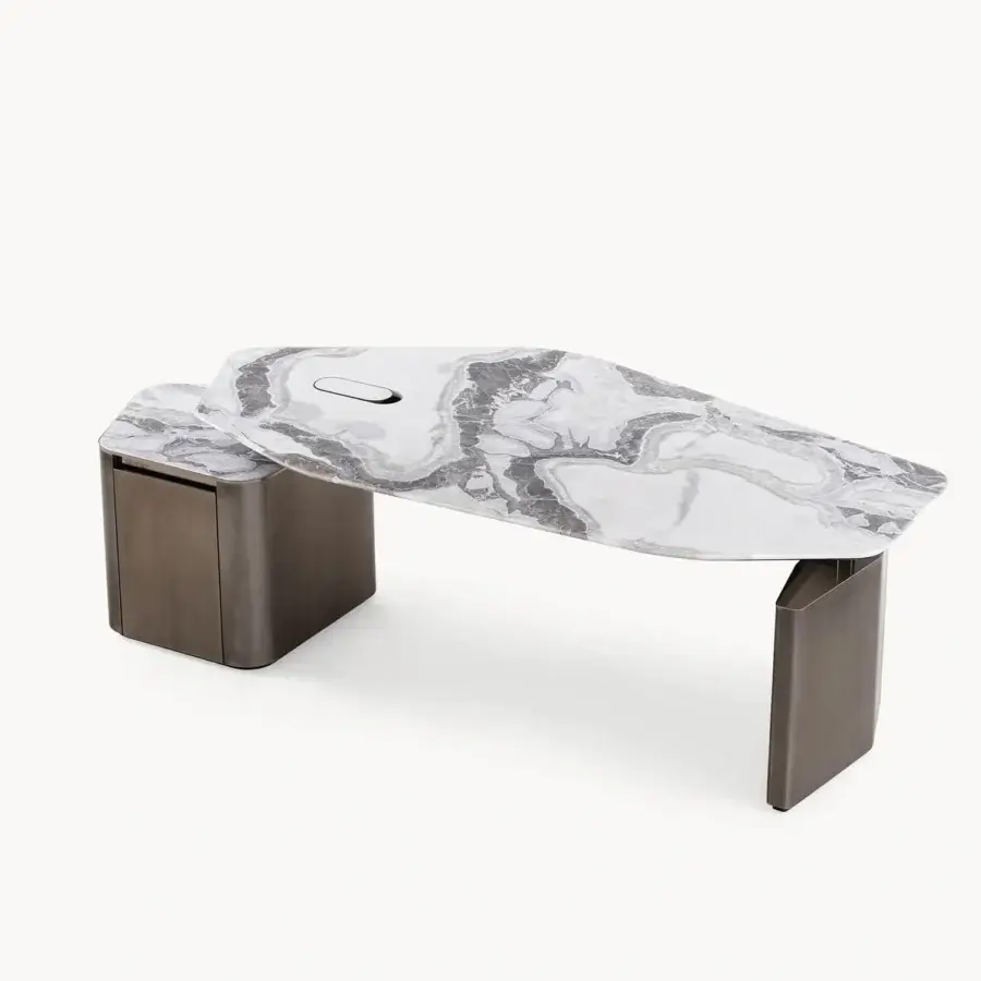 Lavish Visionnaire Ephir desk with a double-level marble top and partially finished premium leather writing surface in satin steel