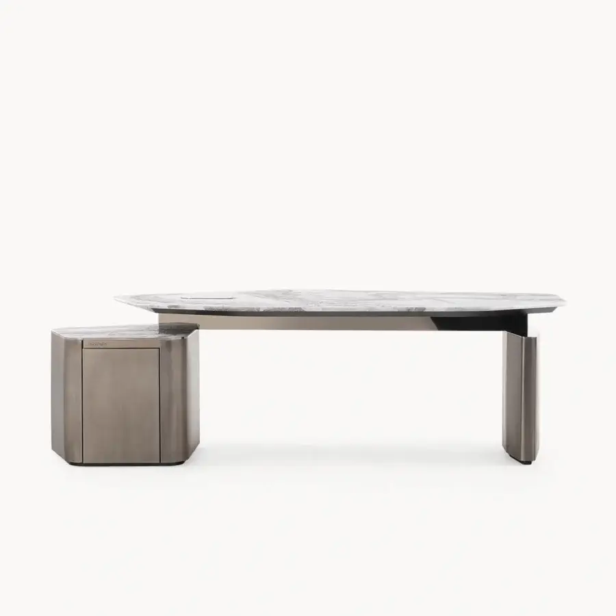 Distinctive Visionnaire Ephir desk with asymmetrical marble top, premium leather writing surface and satin-finished steel base
