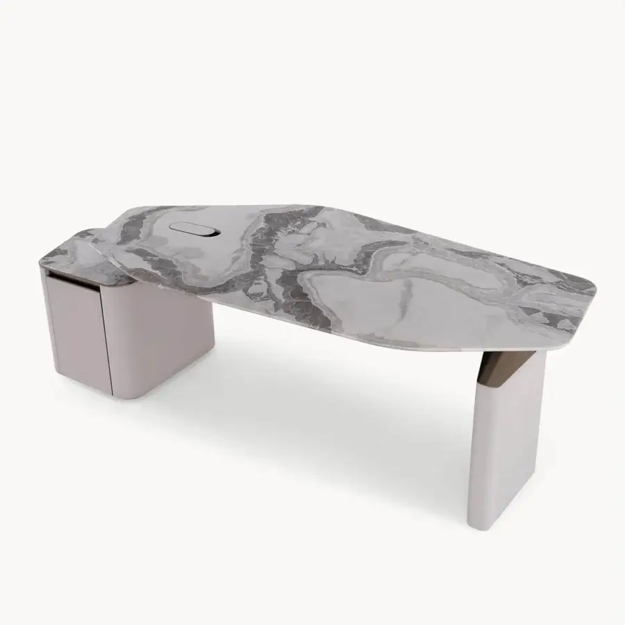 Superior Visionnaire Ephir desk with asymmetrical marble top, partially finished leather writing surface and satin-finished steel structure