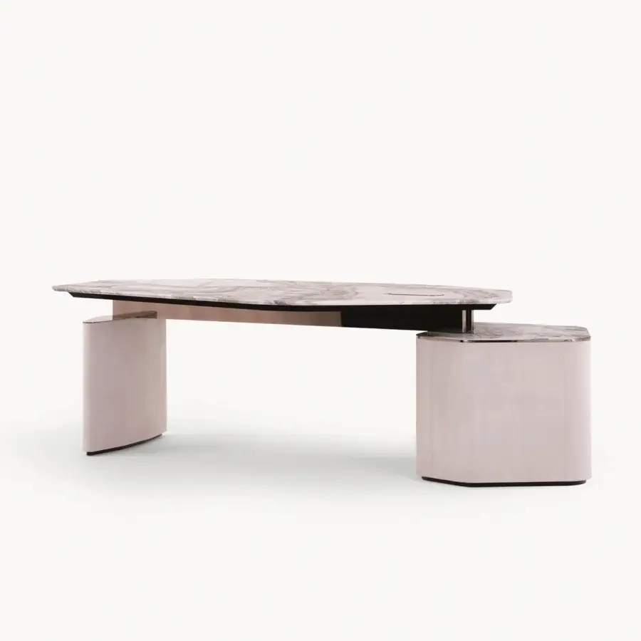 Elegant Visionnaire Ephir desk with asymmetrical marble top, partially finished leather writing surface and satin steel structure