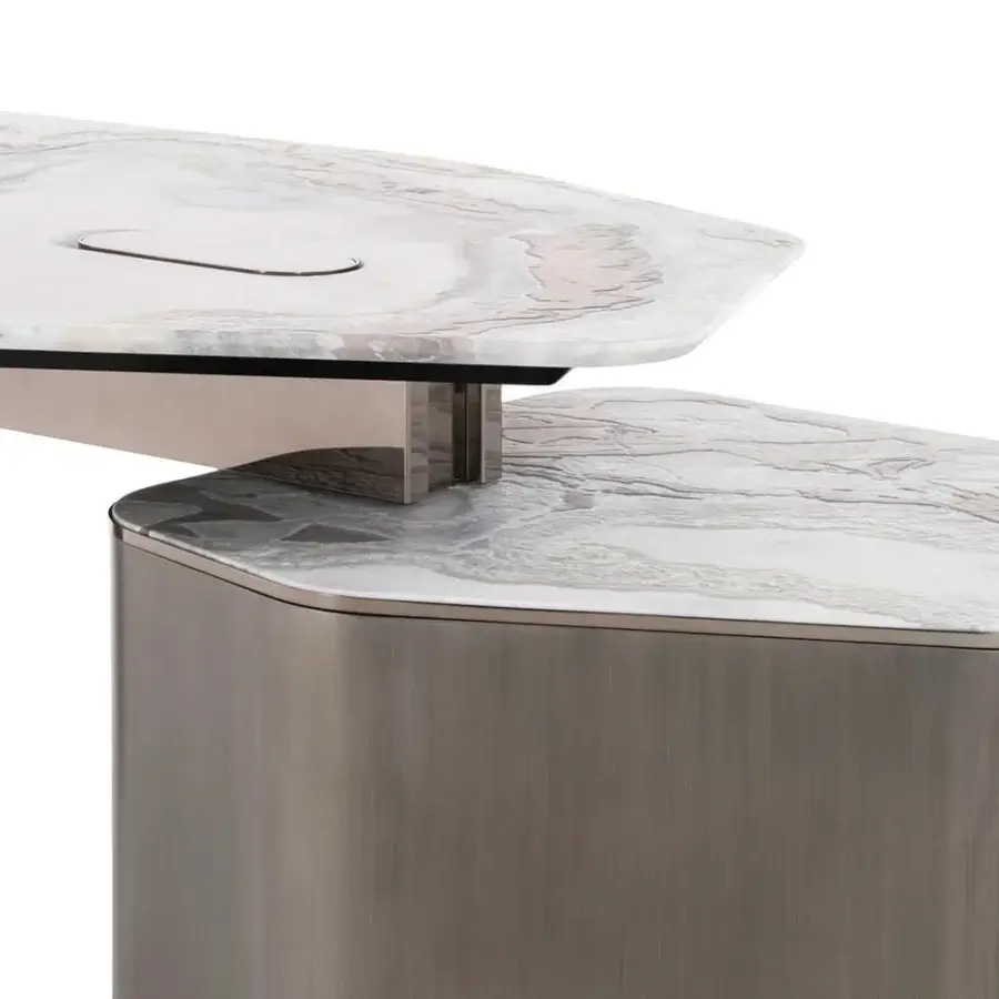 Innovative Visionnaire Ephir desk with a distinctive asymmetrical marble top and satin-finished steel base crafted in cool gray tones