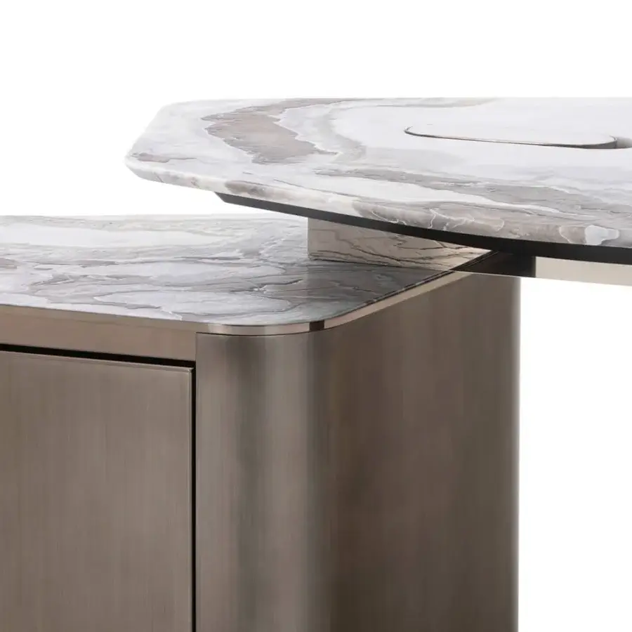 Distinguished Visionnaire Ephir desk with a double-level marble top and satin-finished steel base crafted in cool gray and white stone