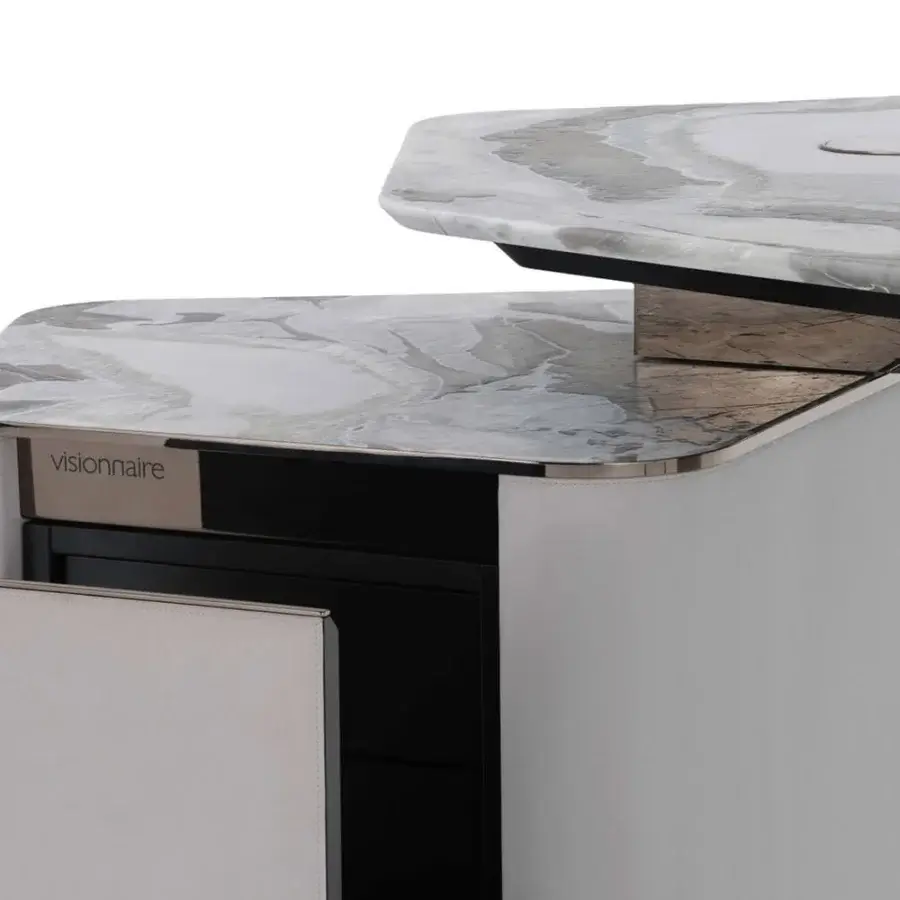 Exceptional Visionnaire Ephir desk with asymmetrical geometry, a marble and leather tabletop, plus polished steel details