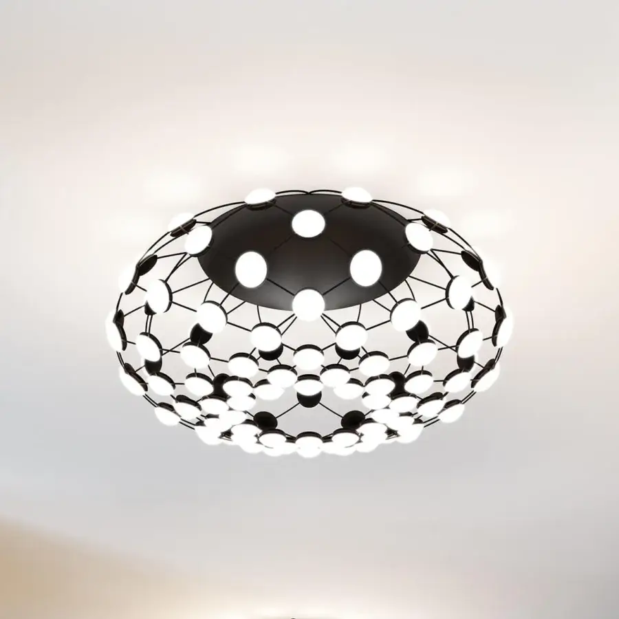 Superior Luceplan Mesh ceiling lamp with a spherical design built in matte black metal cables and 96 brilliant light points