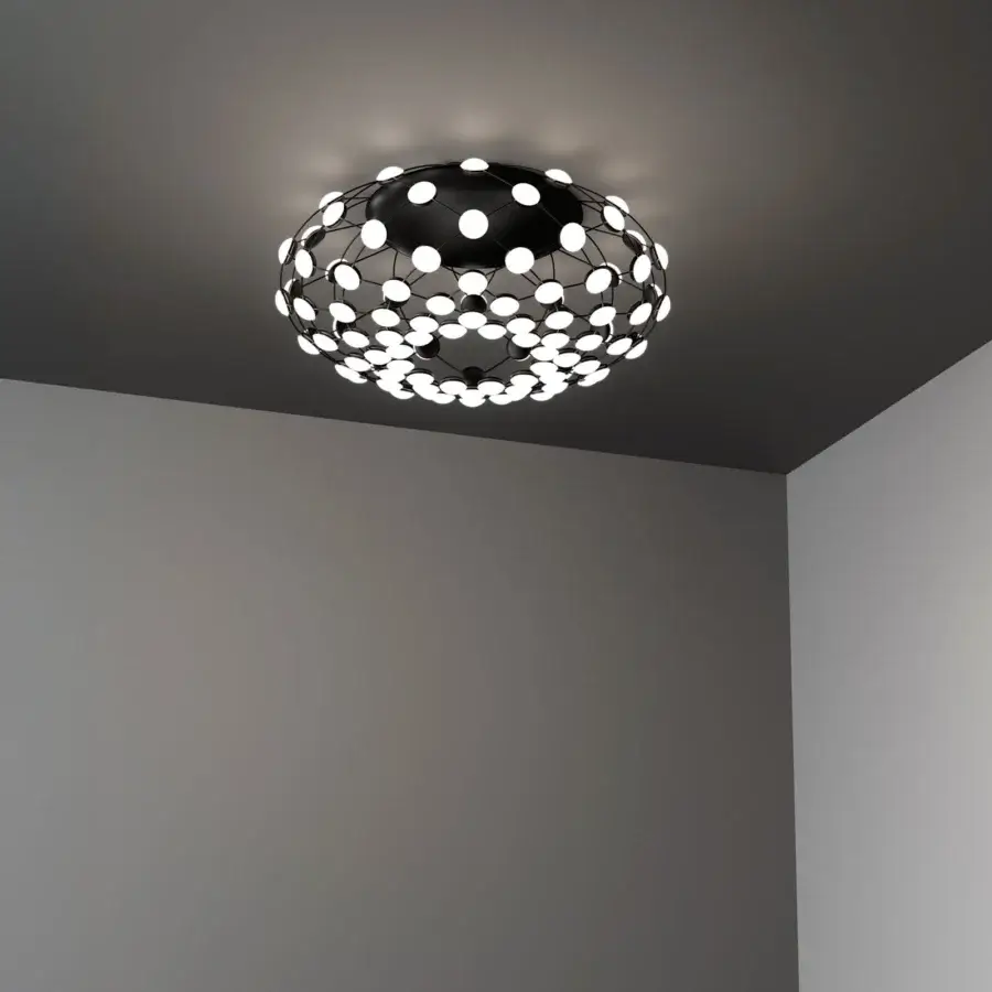 Distinguished Luceplan Mesh ceiling lamp with a spherical dark metal mesh built in 96 integrated LED light points