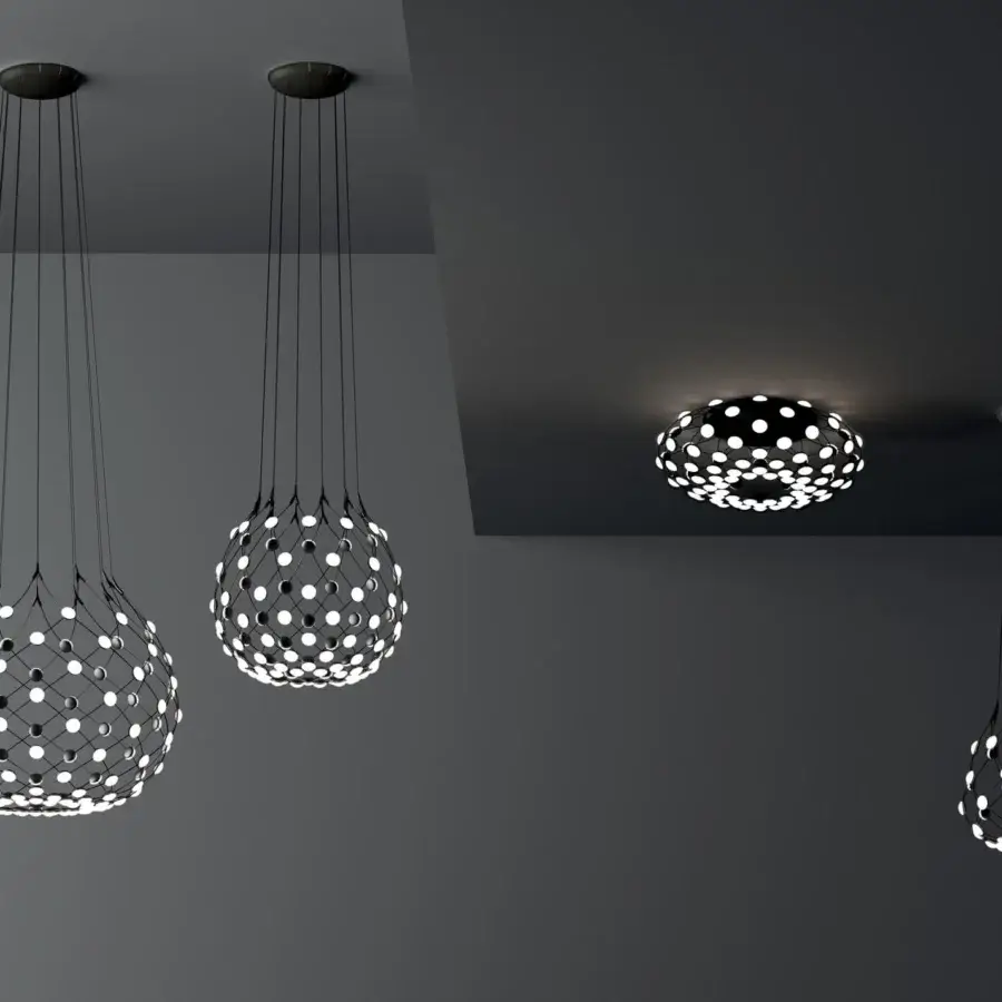Innovative Luceplan Mesh ceiling lamp with a spherical network built in dark matte metal and 96 integrated light points