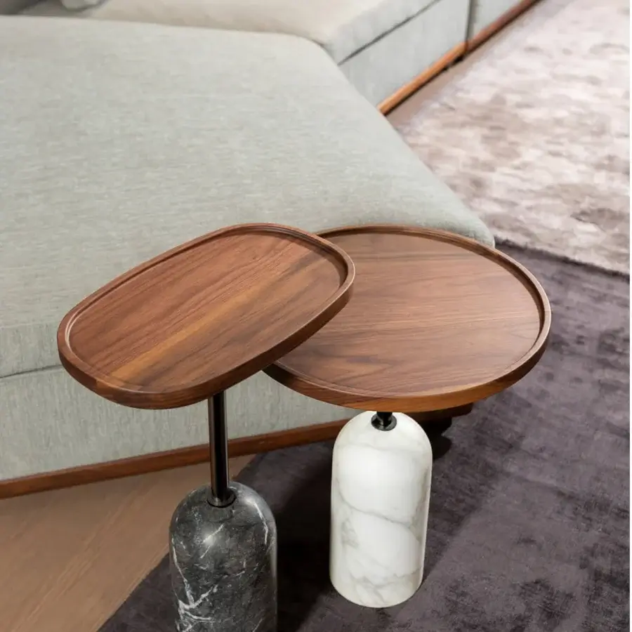 Exceptional Porada Ekero coffee side table with gently curved Canaletto walnut and grey Carnico marble base in satin finish