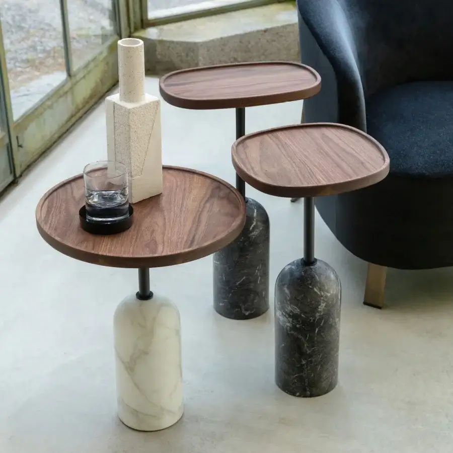 Elegant Porada Ekero coffee side table with Canaletto walnut and dark grey Carnico marble built with a satin finish