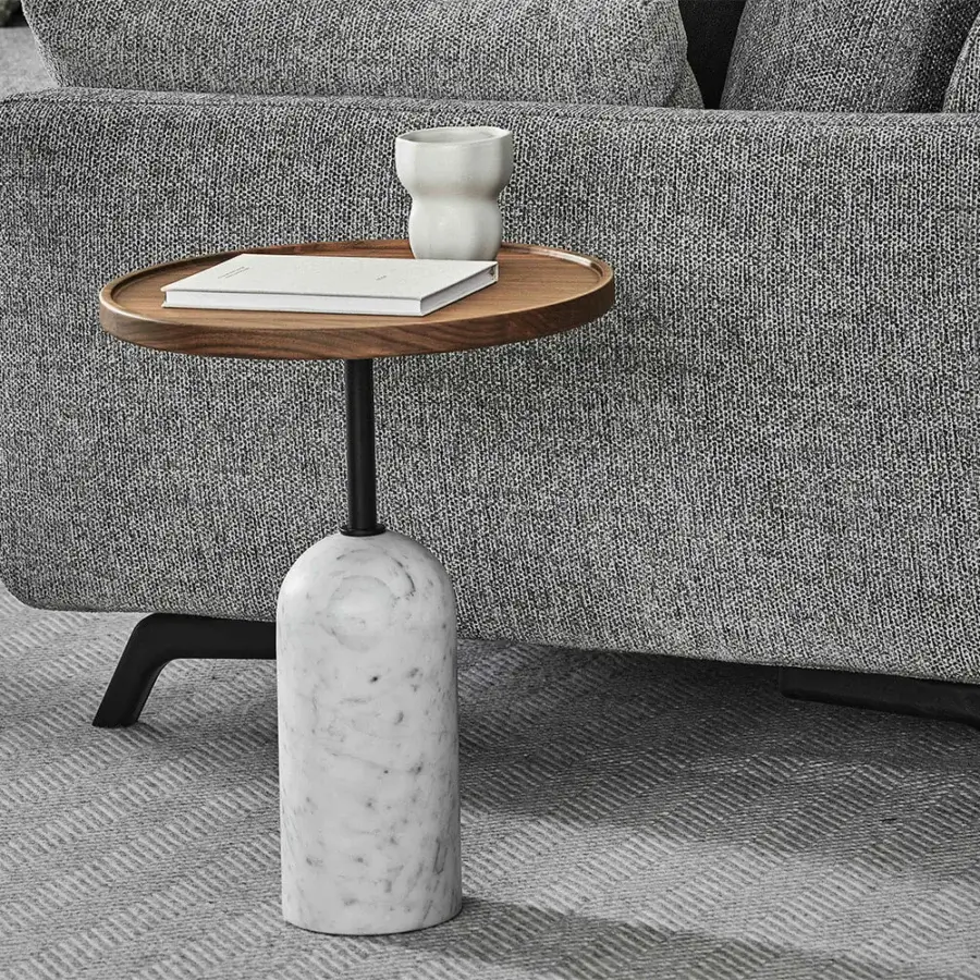 Elegant Porada Ekero coffee side table crafted with Canaletto walnut and white Carrara marble with satin finish