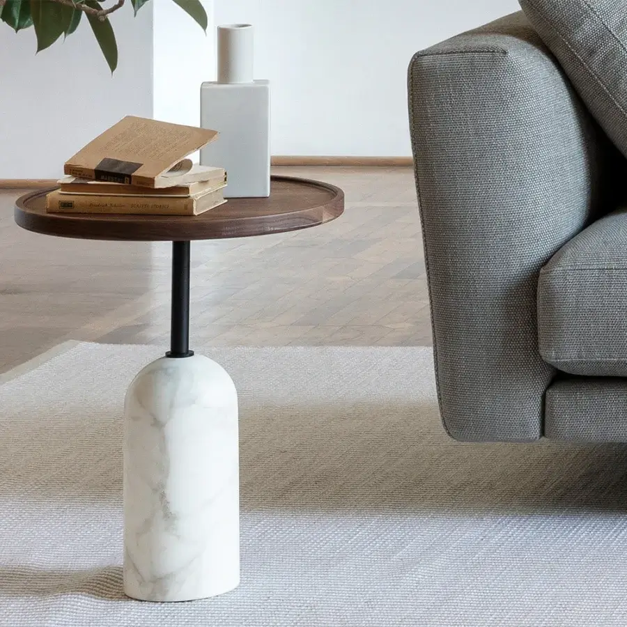 Distinguished Porada Ekero coffee side table with Canaletto walnut and white Carrara marble in a contemporary silhouette