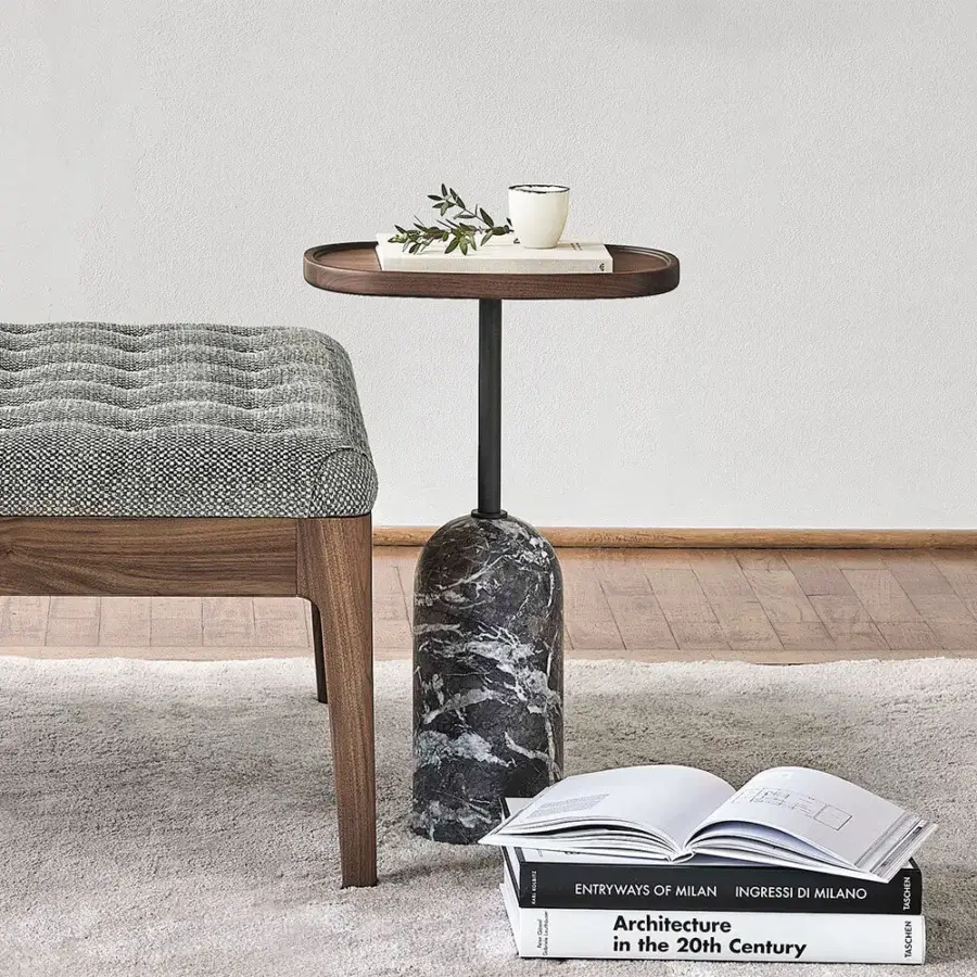 Distinguished Porada Ekero coffee side table with white Carrara marble base and solid Canaletto walnut tabletop in a warm natural finish