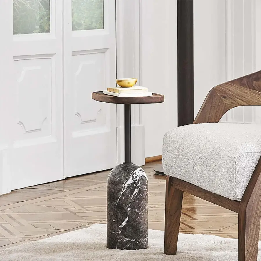 Superior Porada Ekero coffee side table crafted with Canaletto walnut and polished dark mottled Carrara marble base